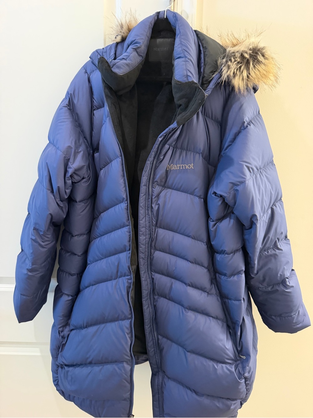 Marmot womens 3XL Navy-Blue Puffer Jacket with Faux Fur Trim